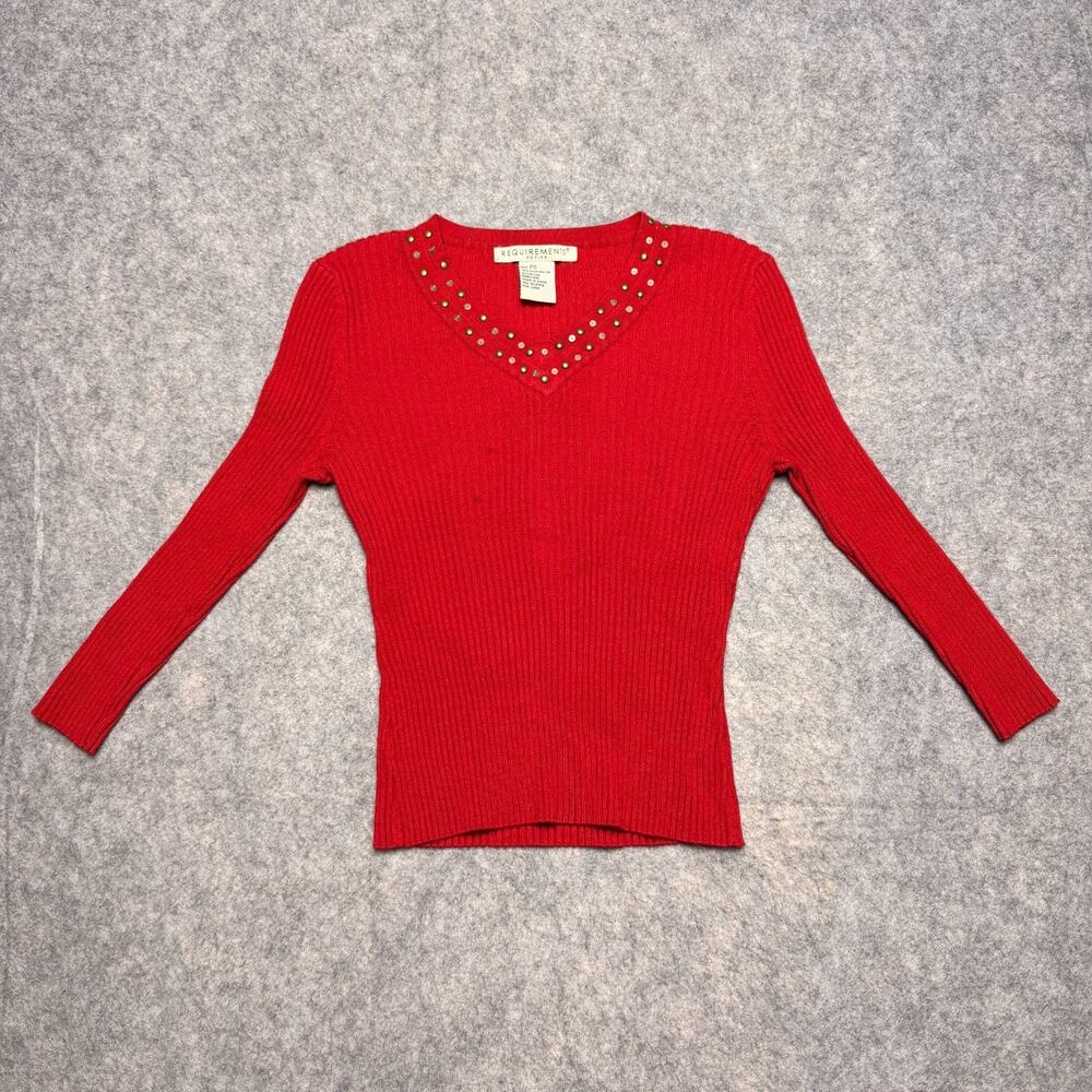 Requirements Petite Womens PS Red Ribbed Knit V-Neck Sweater Studded Sequin Top